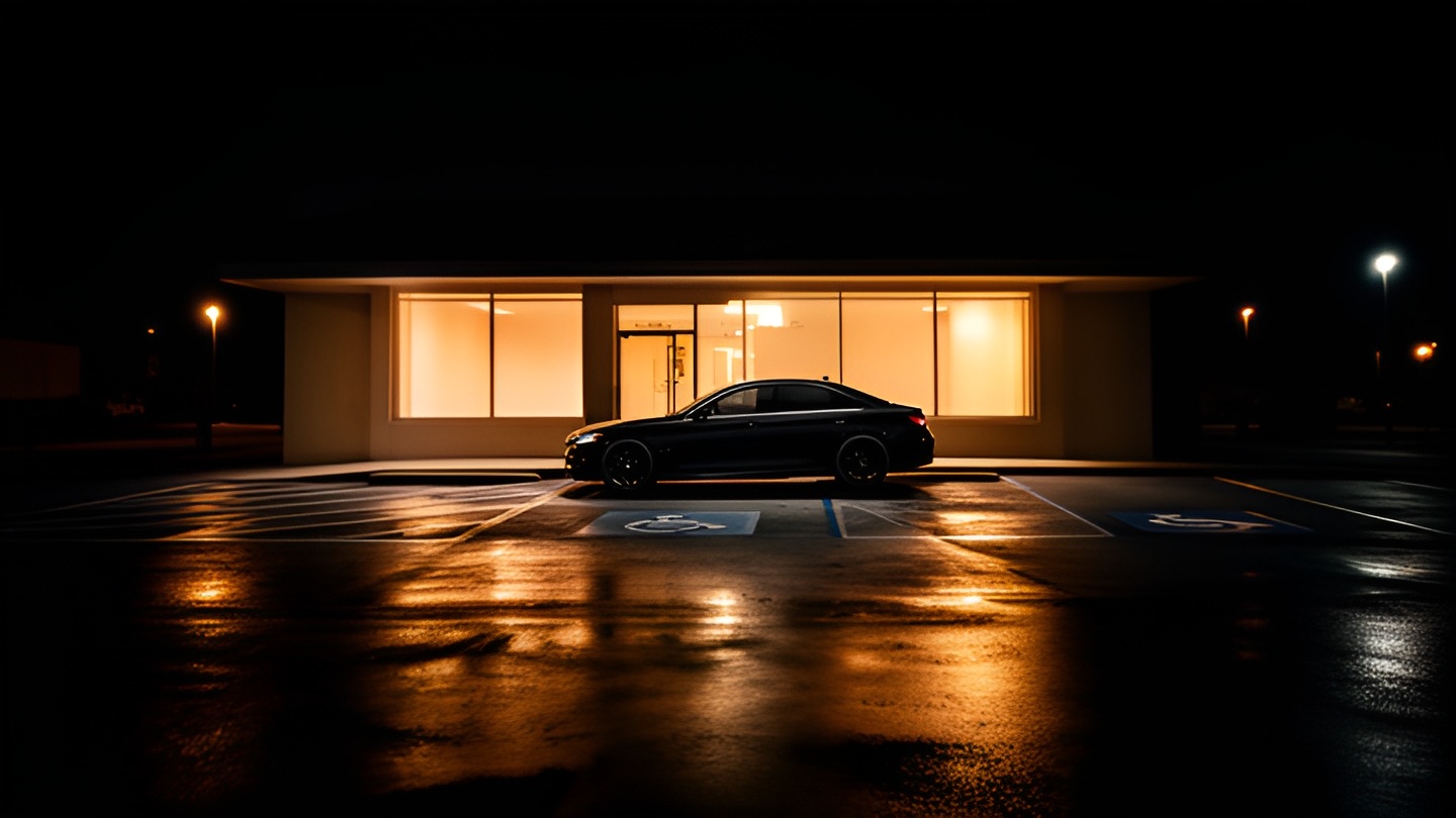 A car parked in a numbered curbside spot outside a lit shop at night
