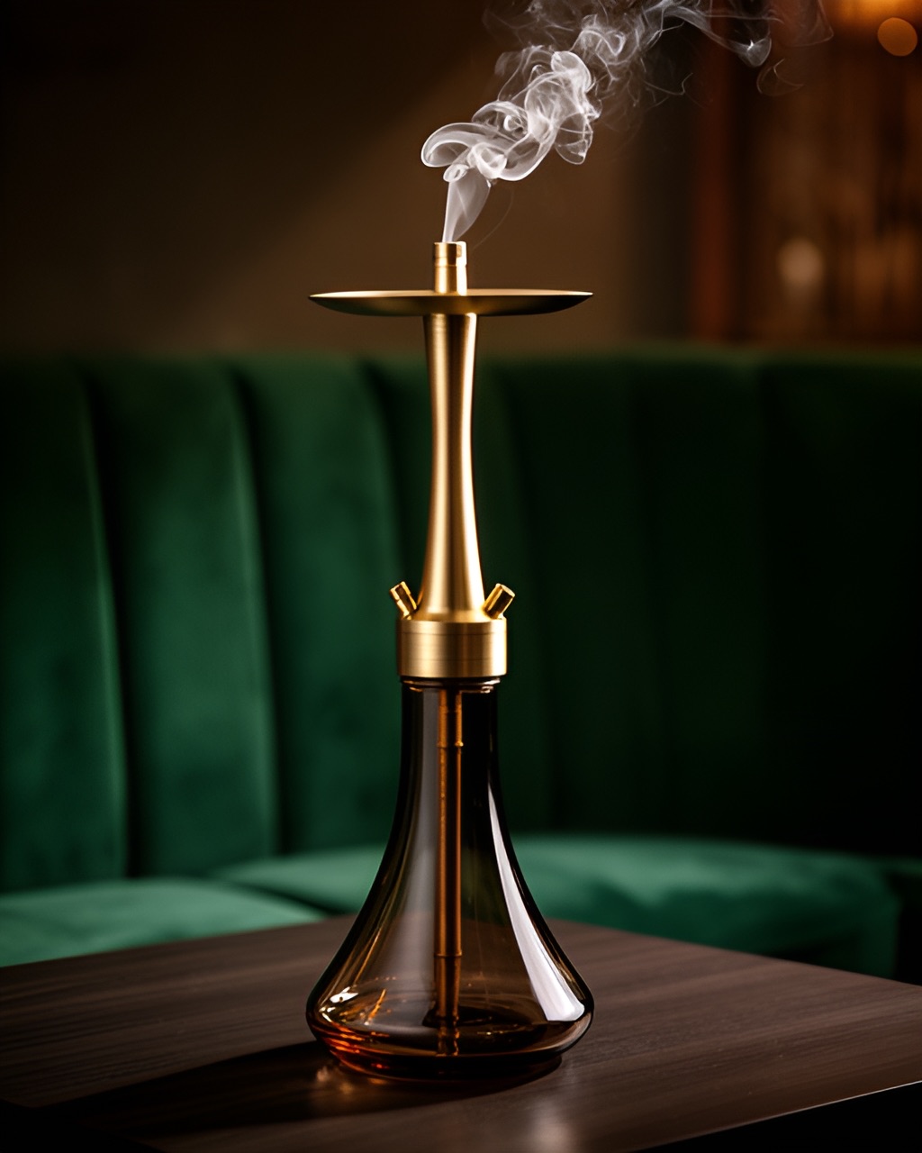 A tall hookah with a smoked glass base on a low table in a dim lounge